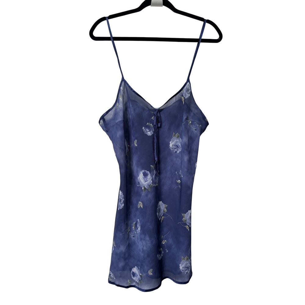 Silk & Satin Blue Floral Chiffon Sheer Chemise Nightgown V-Neck Slip Dress 90s